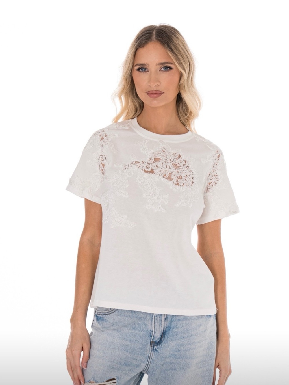 White Bloom Embroidered Lace Detail Tee